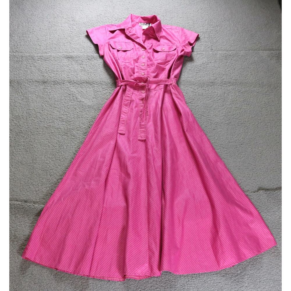 Vintage Foxy Lady Dress 16 Dark Pink Pinstripe Shirt Maxi Tie Front Cotton USA